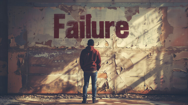 Man Standing at Busted Wall on the Painted Words Reflecting Failure