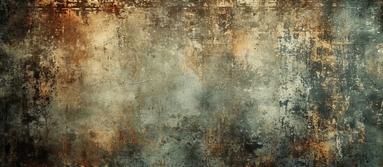 A detailed view of a weathered brown wall covered in stains, resembling an artistic pattern amidst a natural landscape backdrop of grass, soil, and water.