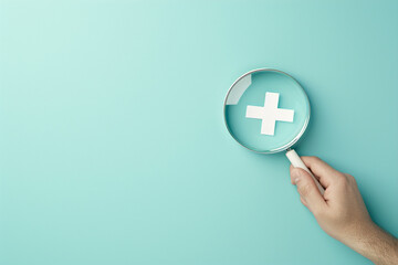 Obraz premium Concept of health insurance. Hand holding magnifying glass over plus sign on blue background. Copy space