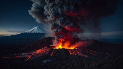 active volcano eruption at night background with flames