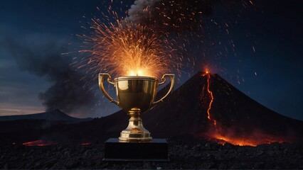 golden trophy with volcano eruption on background, achieving victory