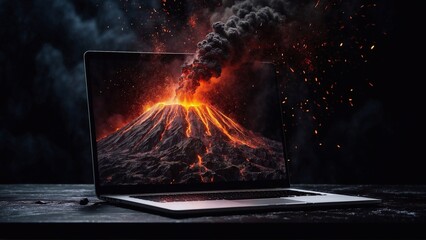 laptop screen with volcano eruption on black table, technological progress and innovation nferno energy - obrazy, fototapety, plakaty