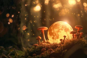 Fototapeten Enchanted forest scene, glowing mushrooms under a mystical full moon, conjuring a fairytale ambiance.   © Kishore Newton