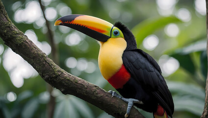 A close-up of a toucan perched on a tree branch with its front claws holding onto the surface, looking at the camera.