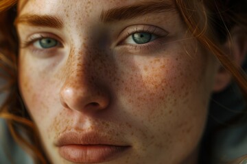 Sun-kissed freckles dance across the visage of a contemplative woman, her verdant gaze harmonizing with the soul's whispers.

