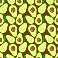 Green avocados with leaves on a dark brown background. Floral seamless pattern, print, vector illustration