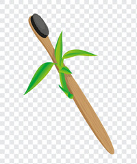 Wooden bamboo toothbrush with green leaves. Isolated vector illustration on transparent background