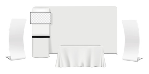 Trade show booth display kit. Expo set mockup. Tradeshow backdrop banner, pop LCD monitor TV video counter stand, exhibition table with tablecloth, snake banners. Vector mock-up - 732580380