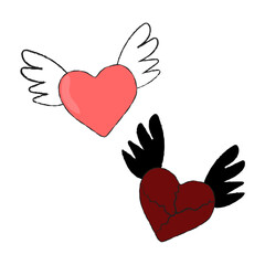 two hearts on a white background with white and black wings