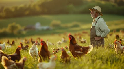 Foto auf Alu-Dibond Farmers stand amidst a bustling field filled with contented chickens, embodying dedication to agriculture and animal husbandry © Mars0hod