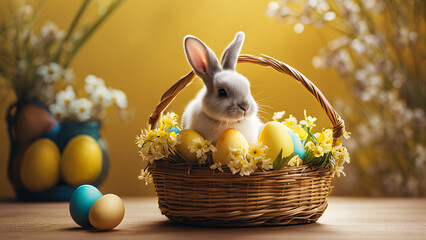 A cute Easter bunny sits in a basket next to colorful festive Easter eggs, a scene on a yellow background