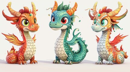 Dragon cartoon character set with different color and design