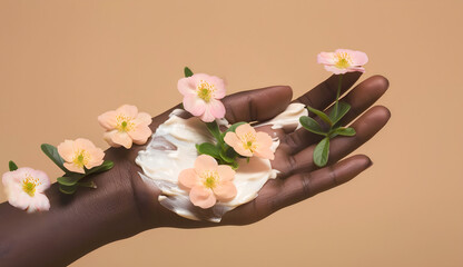  Black female hand with cosmetic cream and peach flowers on light brown background. Advertising anti-aging cosmetics. International Women's Day. Copy space. Banner