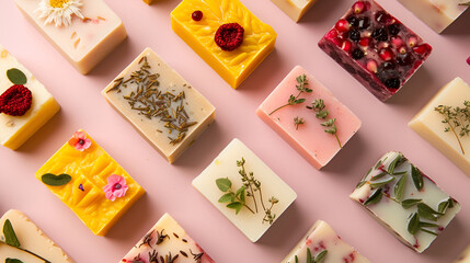 Aesthetic soap bars with botanical embeds on pink surface. Organic