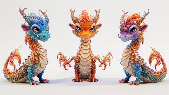 Three chinese dragons on a white background, closeup of photo