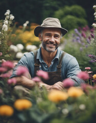 Portrait of a smiling gardener in a flower garden.
