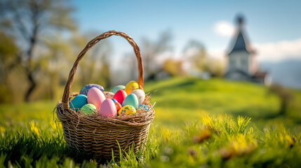 Traditional Easter, basket full of colorful eggs and small church in the background
