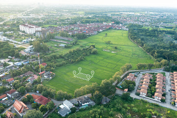 Land plot in aerial view. Identify registration symbol of vacant area for map. Real estate or property for business of home, house or residential i.e. construction, development, purchase or investment