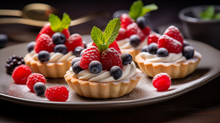 Mini tartlets with fresh berries and whipped cream on a black background - obrazy, fototapety, plakaty