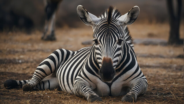 A close-up of a zebra lying on the ground, front legs crossed, and intently observing the camera.