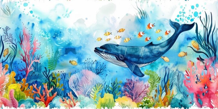 Watercolor illustration of a humpback whale swimming among vibrant coral reefs. 