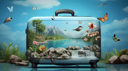 Foto op Aluminium 3d mockup illustration of luggage with beautiful landscape pattern waterfalls sea and mountains © kittima