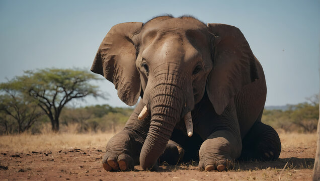 A close-up of an elephant lying down with its front legs on the ground, calmly observing the camera.