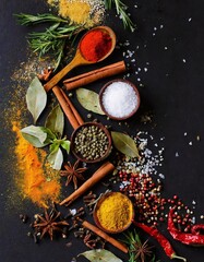Vibrant spices, like turmeric and paprika, pop against the sleek black backdrop, adding a burst of color to the culinary scene.