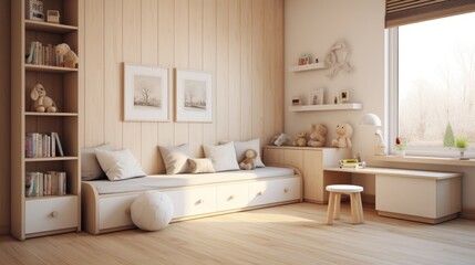 Fototapeta na wymiar Minimalistic white interior of a children's room with wooden furniture.
