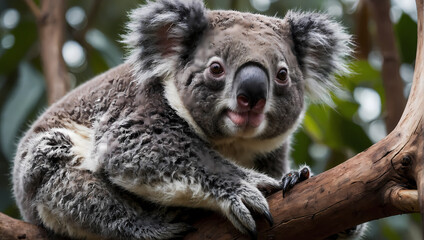 A close-up of a koala bear resting on a tree branch with its front paws hanging down, looking at the camera.