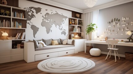 Design of a children's room for a teenager with white walls, white wooden furniture