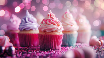 Dreamy Pink Frosted Cupcakes with Sparkling Background.
Cupcakes with pink frosting sprinkled with glitter against a sparkling pink backdrop.