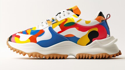 Chunky sneakers with bright, abstract s displayed against a minimalist white background, emphasizing their bold colors and patterns