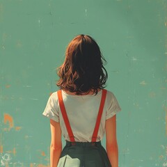 A young girl in denim overalls on a plain pastel background. Concept: student or schoolgirl, copy space banner