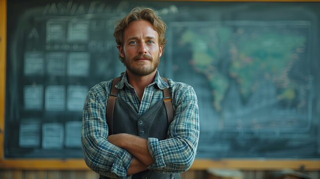 Confident man on the background of a school board with a world map, a symbol of an experienced teacher or expert in the field of geography.
Concept: educational resources, promotional materials for ed