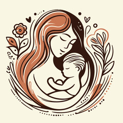 Mother silhouette with her baby. Card of Happy Mothers Day. Logo retro