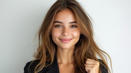 Naklejka premium happy young woman smiling and looking at camera