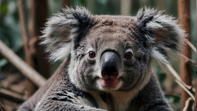 A close-up of a koala nestled on the ground with front paws resting, peering at the camera with curiosity.