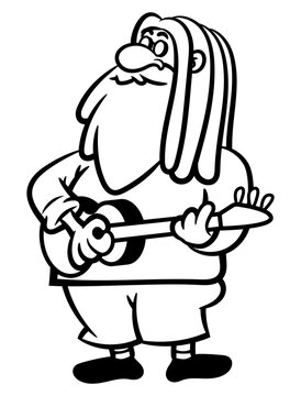 Hand drawn of dreadlocks man singing while playing acoustic guitar at street for a bucks. Best for outline, logo, and coloring book with reggae music themes