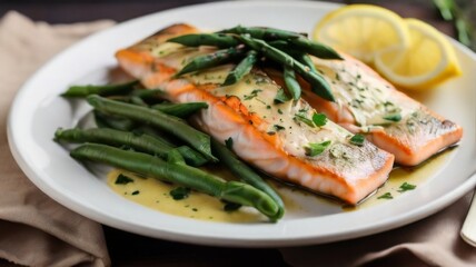 Delicious plate of pan-seared trout fillets, seasoned with herbs and spices