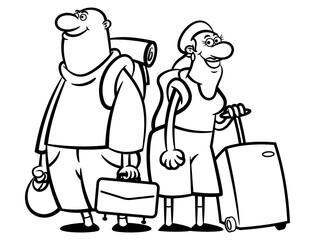 cartoon illustration of old couple carrying a bag and suitcase at airport terminal, get ready for travelling and vacation. Best for outline, logo, and coloring book with recreation themes