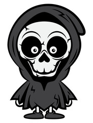 Cartoon illustration of Cute Grim Reaper wearing a black ragged cape. Best for sticker, logo, and mascot with halloween themes