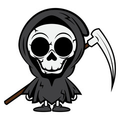 Cartoon illustration of Funny Grim Reaper wearing a black ragged cape and carrying a Scythe. Best for sticker, logo, and mascot with halloween themes