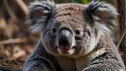 A close-up of a koala nestled on the ground with front paws resting, peering at the camera with curiosity.