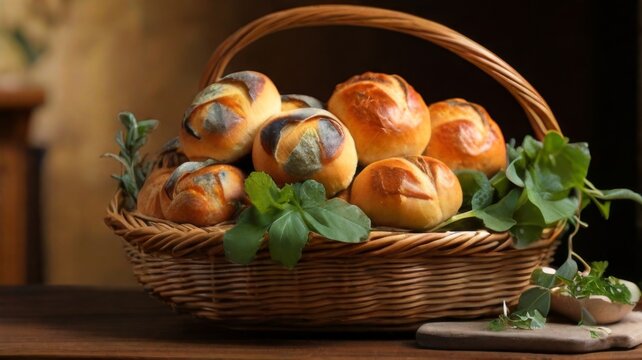 Mouthwatering selection of bread rolls arranged in a wicker basket