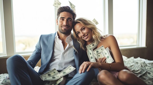 Success and happy couple with dollar bills, winning, success, victory, and congratulations concept, AI generated