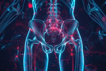 Detailed digital artwork displaying the human pelvic region with a vivid representation of the vascular system, highlighted in red and blue