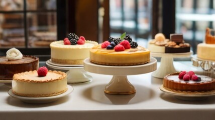 An assortment of cakes and pies arranged on elegant stands in a pastry shop - obrazy, fototapety, plakaty