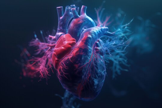 A 3D medical illustration of a human heart with a detailed view of the coronary circulation system, highlighted in dynamic red and blue tones