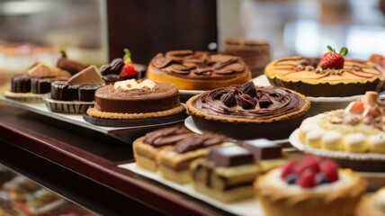 Fototapeta premium An assortment of cakes and pies arranged on elegant stands in a pastry shop